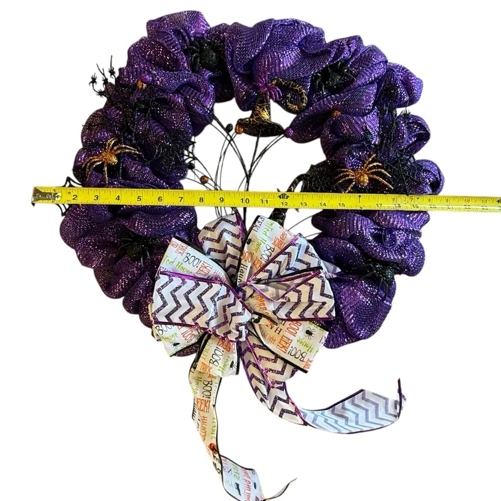 Handmade Purple Halloween Deco Mesh Wreath with Ribbon Bow, Spiders & Webs 20